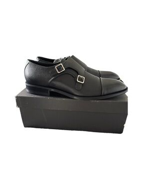 Boss Black Double Monk-Strap Pebble Leather Shoes Silver Buckles US Mens Size 12